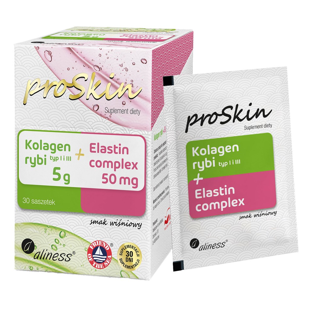 Aliness proSkin Kolagen rybi 5 g+Elastin 50 mg Complex suplement diety wiśniowy 30 saszetek