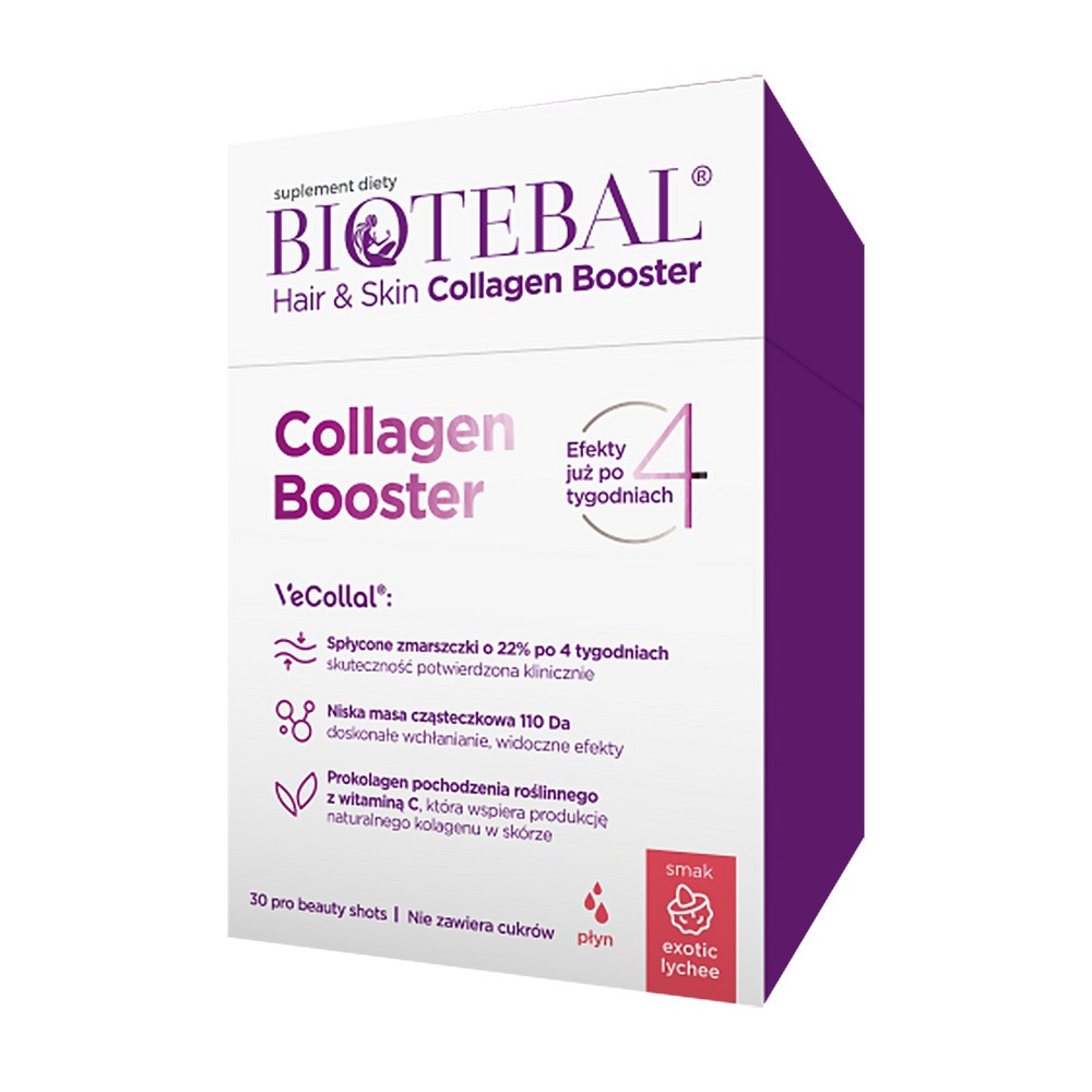 Biotebal Hair & Skin Collagen Booster, szaszetki z płynem, Exotic Lychee, 25 ml x 30 szt.