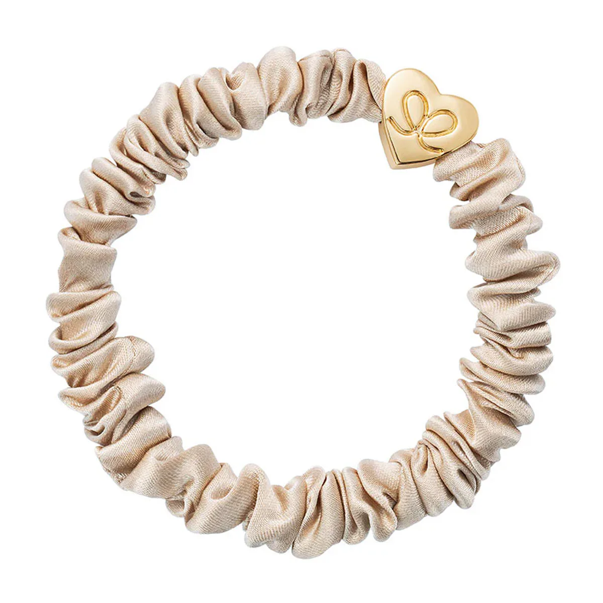 By Eloise London Gold Heart Skinny Silk Scrunchie kolor Sand