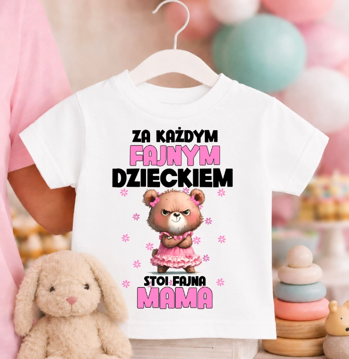 Koszulka dziecięca ''ZA KAŻDYM FAJNYM DZIECKIEM STOI FAJNA MAMA''