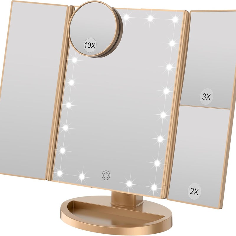 Lusterko do makijażu z regulacją jasności, 22 diody LED i powiększenie 1X/2X/3X, z podwójnym zasilaniem (szampańskie złoto)