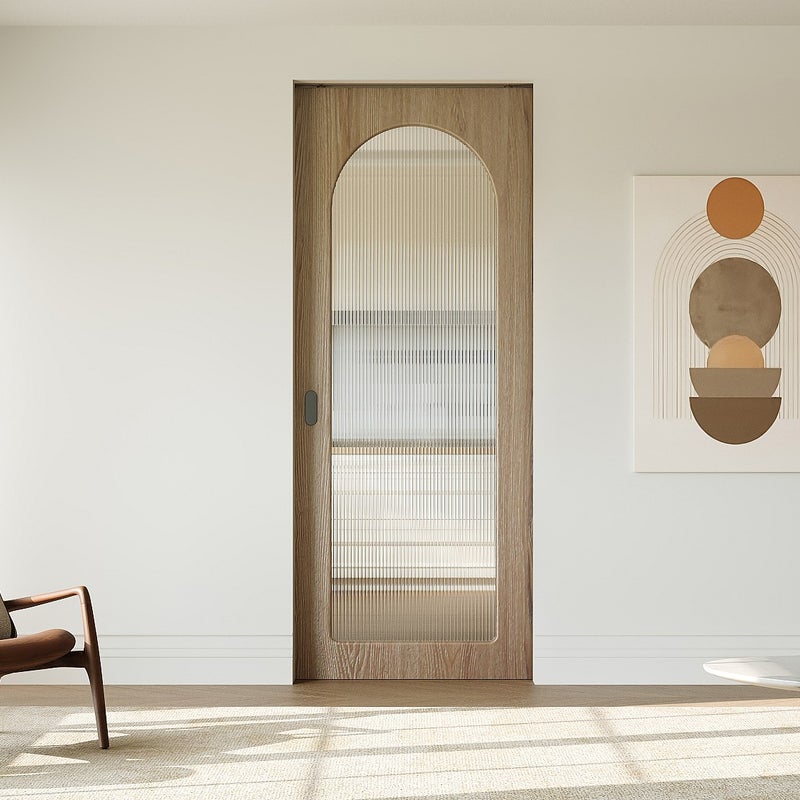 Drzwi przesuwne chowane w ścianie z drewna i z MDF - łuk z żebrowanego szkła hartowanego - W205 x S83 cm - ODEZA