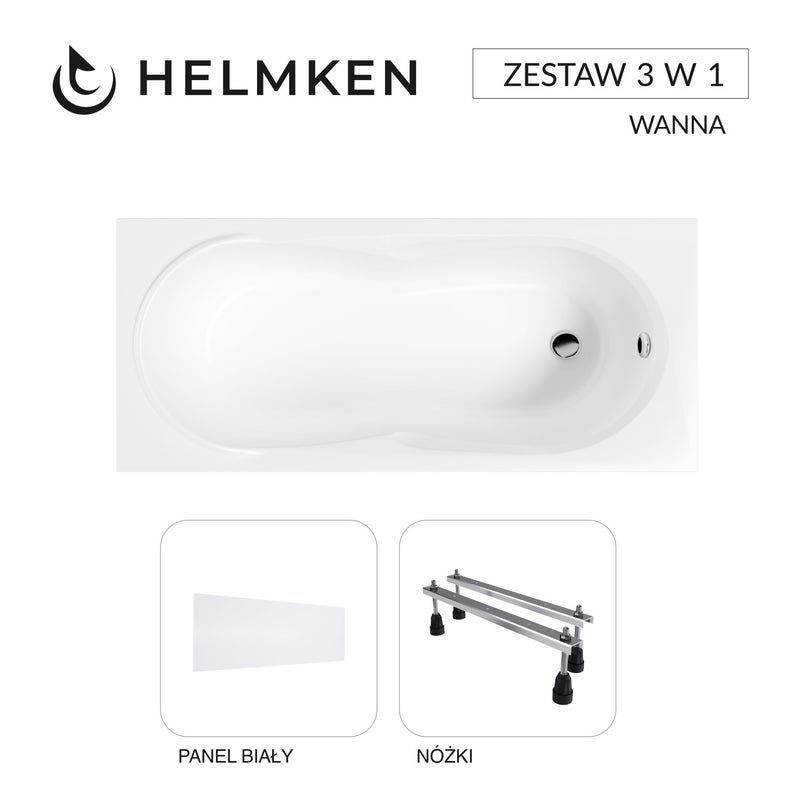 Helmken Wanna akrylowa Celeste 160x70 z akrylu lanego ze wzmocnionym korpusem + Panel biały + Nóżki / 35060060