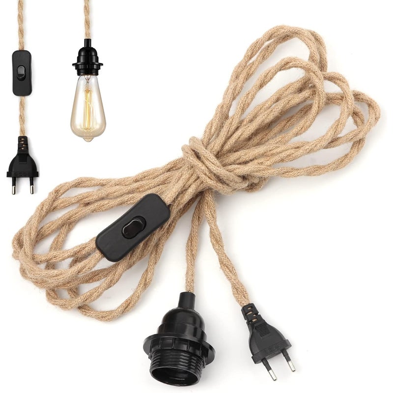 Żyrandol z liny konopnej 4,5 m – gniazdo E27, żarówka DIY, lampa wisząca w stylu vintage, oświetlenie przemysłowe, nowoczesny design