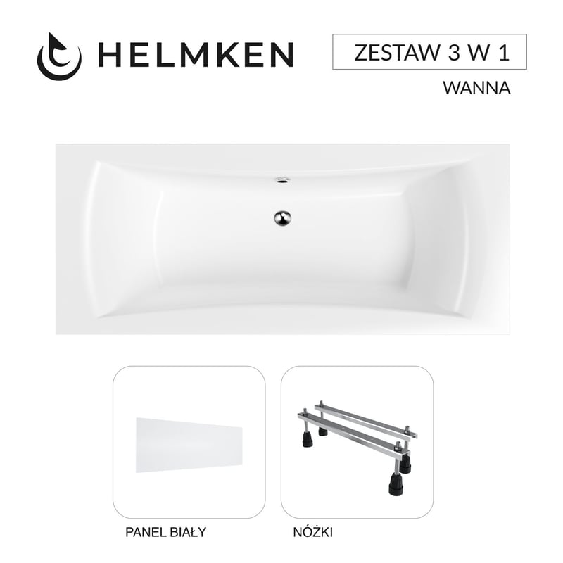 Wanna akrylowa Helmken Belgravia 180x80 z akrylu lanego ze wzmocnionym korpusem + Panel biały + Nóżki / 35110180
