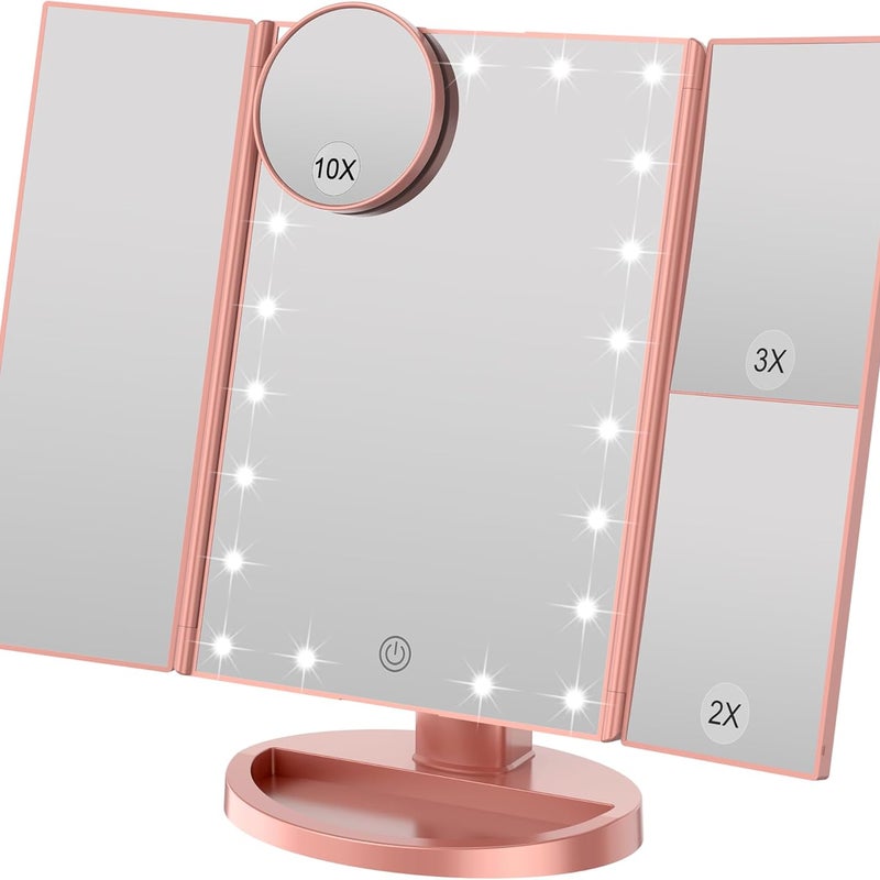 Lusterko do makijażu z regulacją jasności, 22 diody LED i powiększenie 1X/2X/3X, podwójne zasilanie (różowe złoto)