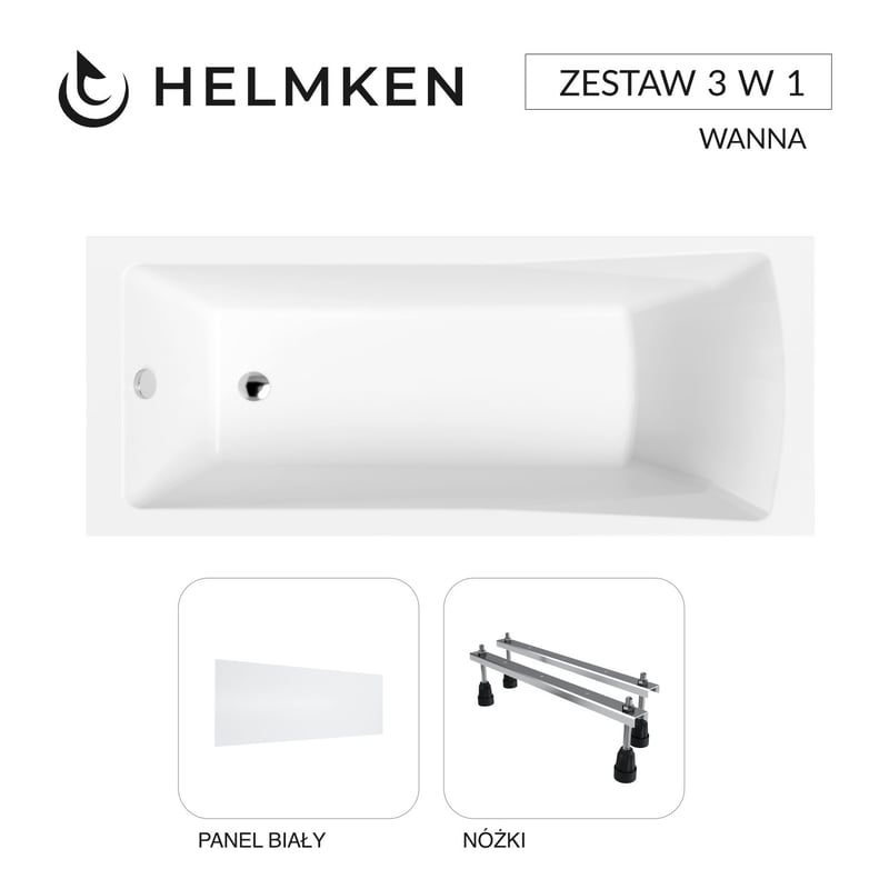 Helmken Wanna akrylowa Aurora 160x70 z akrylu lanego ze wzmocnionym korpusem + Panel biały + Nóżki / 35010060