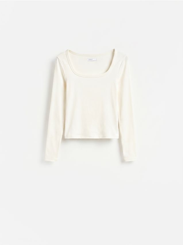 Reserved - Gładki longsleeve z bawełną - biały