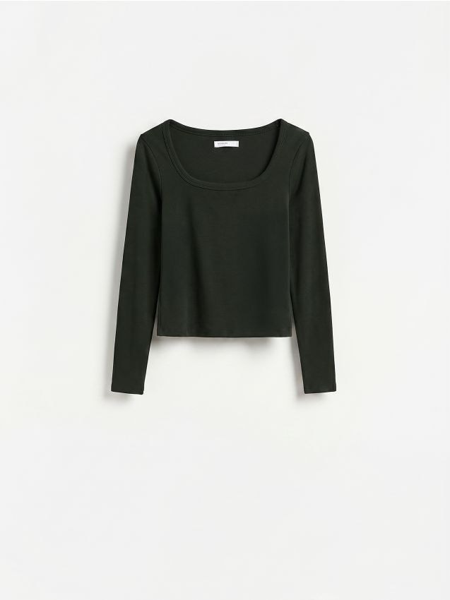Reserved - Gładki longsleeve z bawełną - ciemnozielony