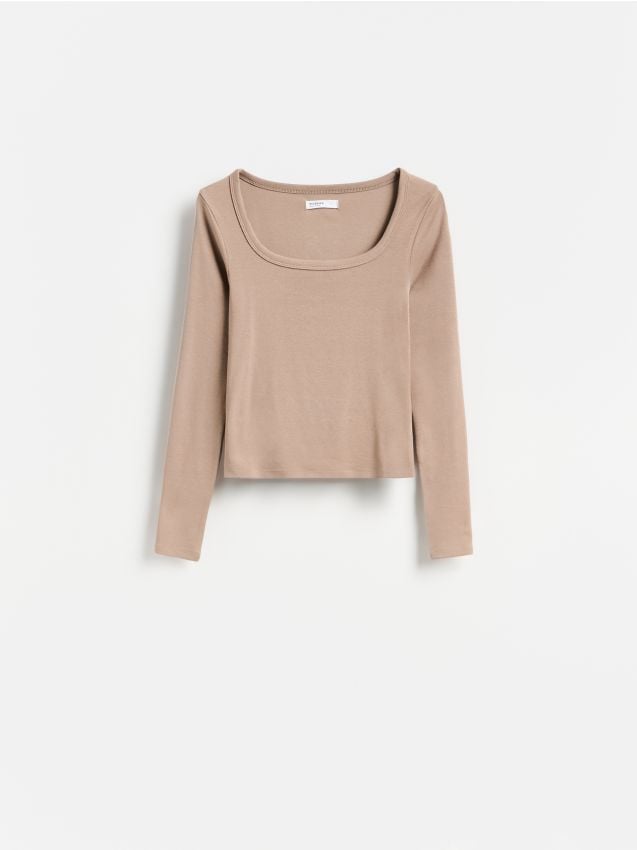 Reserved - Gładki longsleeve z bawełną - brązowy