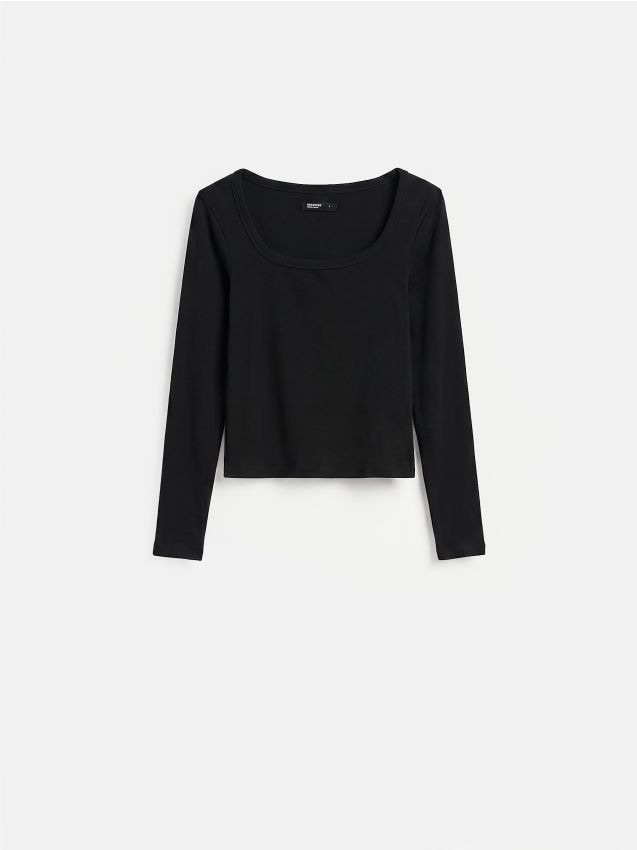 Reserved - Gładki longsleeve z bawełną - czarny