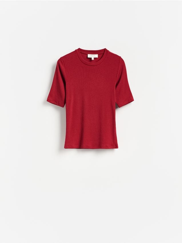 Reserved - Dzianinowy t-shirt z lyocellem - intenstywna czerwień