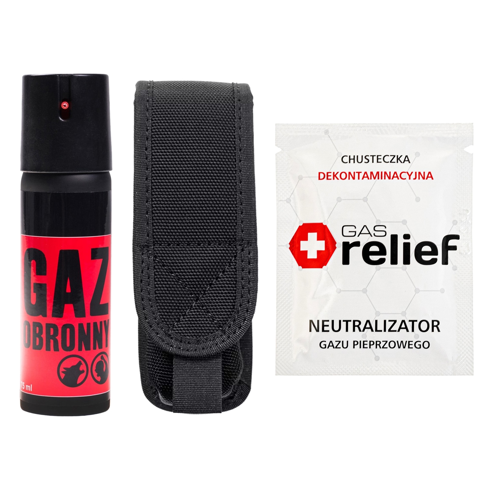 TM Gaz pieprzowy Obronny 75 ml stożek + chusteczka neutralizująca Gas Relief + kabura - zestaw