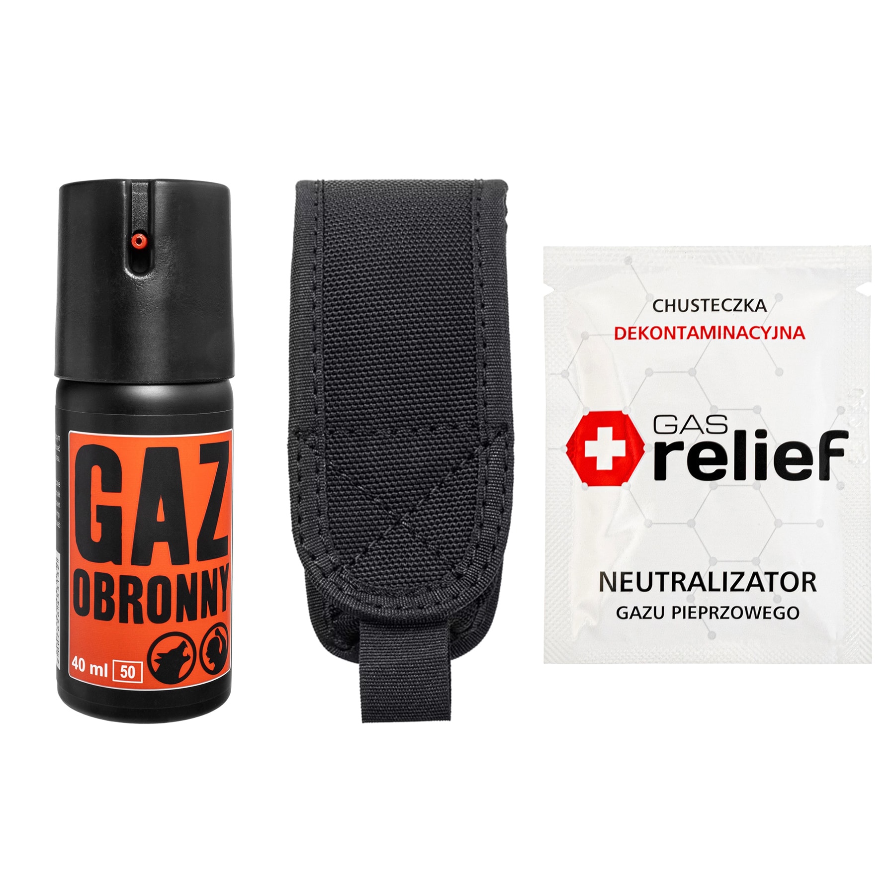 TM Gaz pieprzowy Obronny 50 ml stożek + chusteczka neutralizująca Gas Relief + kabura - zestaw