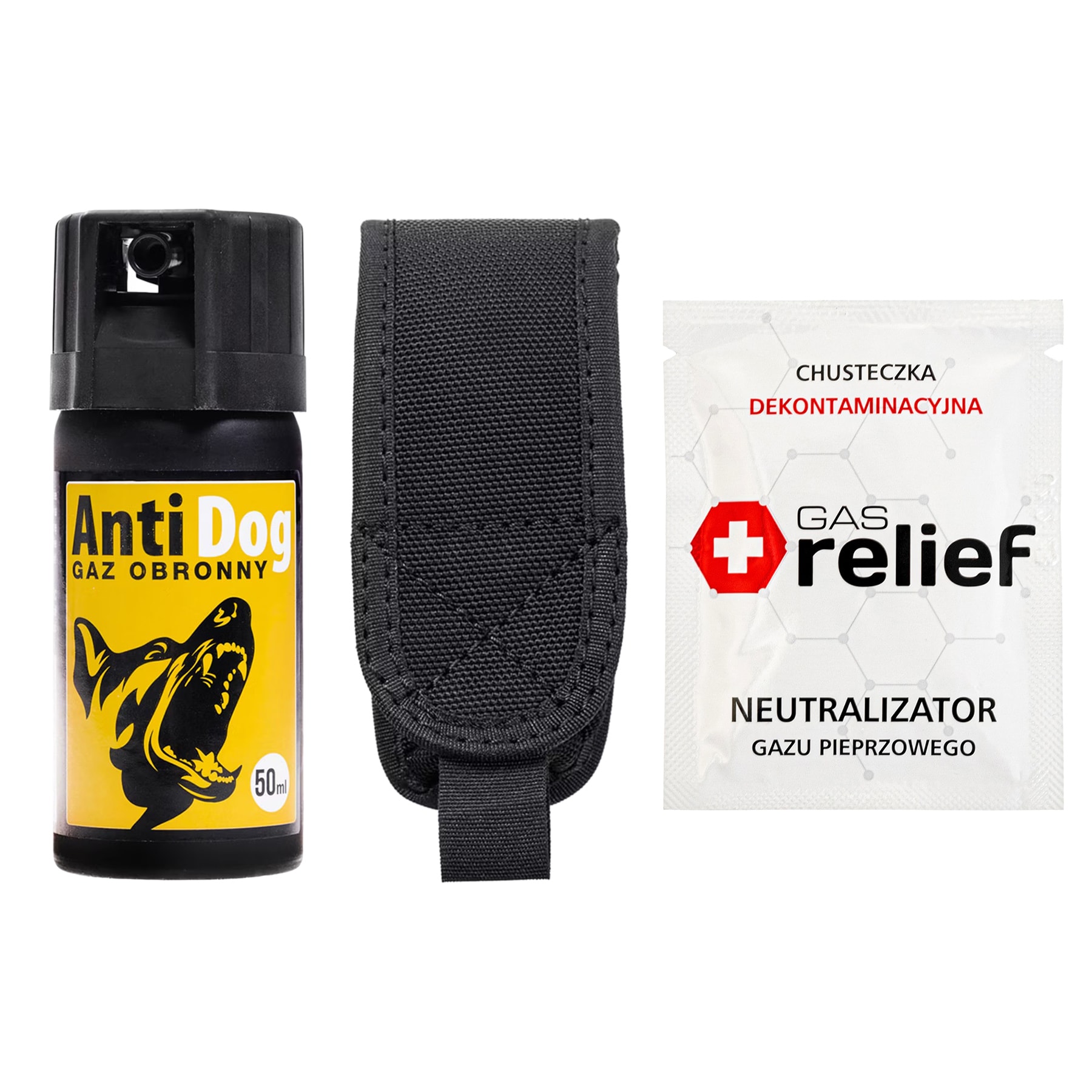 TM Gaz pieprzowy na psy i wilki AntiDog 50 ml stożek + chusteczka neutralizująca Gas Relief + kabura - zestaw