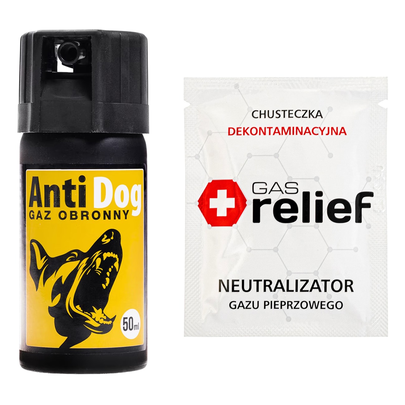 TM Gaz pieprzowy na psy i wilki AntiDog 50 ml stożek + chusteczka neutralizująca Gas Relief - zestaw