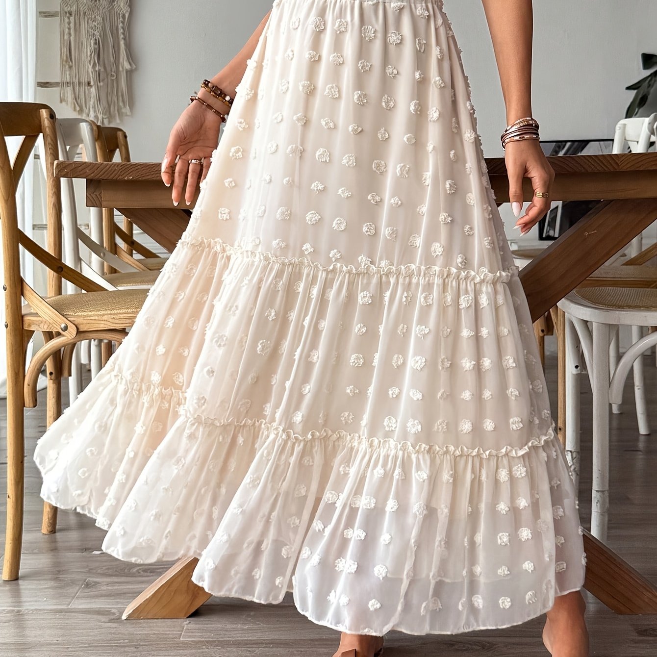 TEMU Elegancka damska spódnica w stylu casual z falbankami, szifonowymi pomponami i ażurowymi elementami, letnia, uniwersalna, długa sukienka w stylu