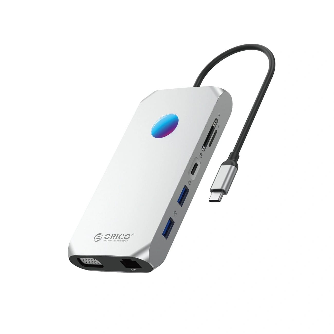 Orico USB-C 12w1 RGB 3x USB-A 3.1 1x USB-A 2.0 USB-C PD 100W 1x USB-C 3.1 1x HDMI 1.4 4K 30Hz 1x VGA 1080p 1x microSD/SD 3.0 1x RJ Gigabit| 1x Audio - srebrna ORICO-XCR-X2-SV-BP