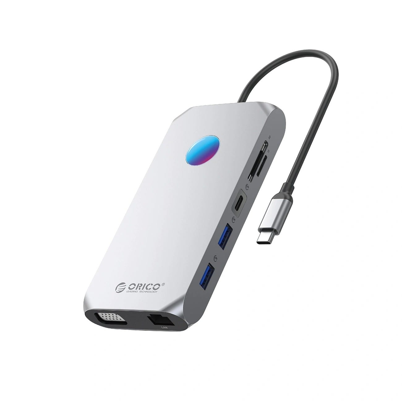 Orico USB-C 12w1 RGB 3x USB-A 3.1 1x USB-A 2.0 USB-C PD 100W 1x USB-C 3.1 1x HDMI 1.4 4K 30Hz 1x VGA 1080p 1x microSD/SD 3.0 1x RJ Gigabit| 1x Audio - szara ORICO-XCR-X2-GY-BP