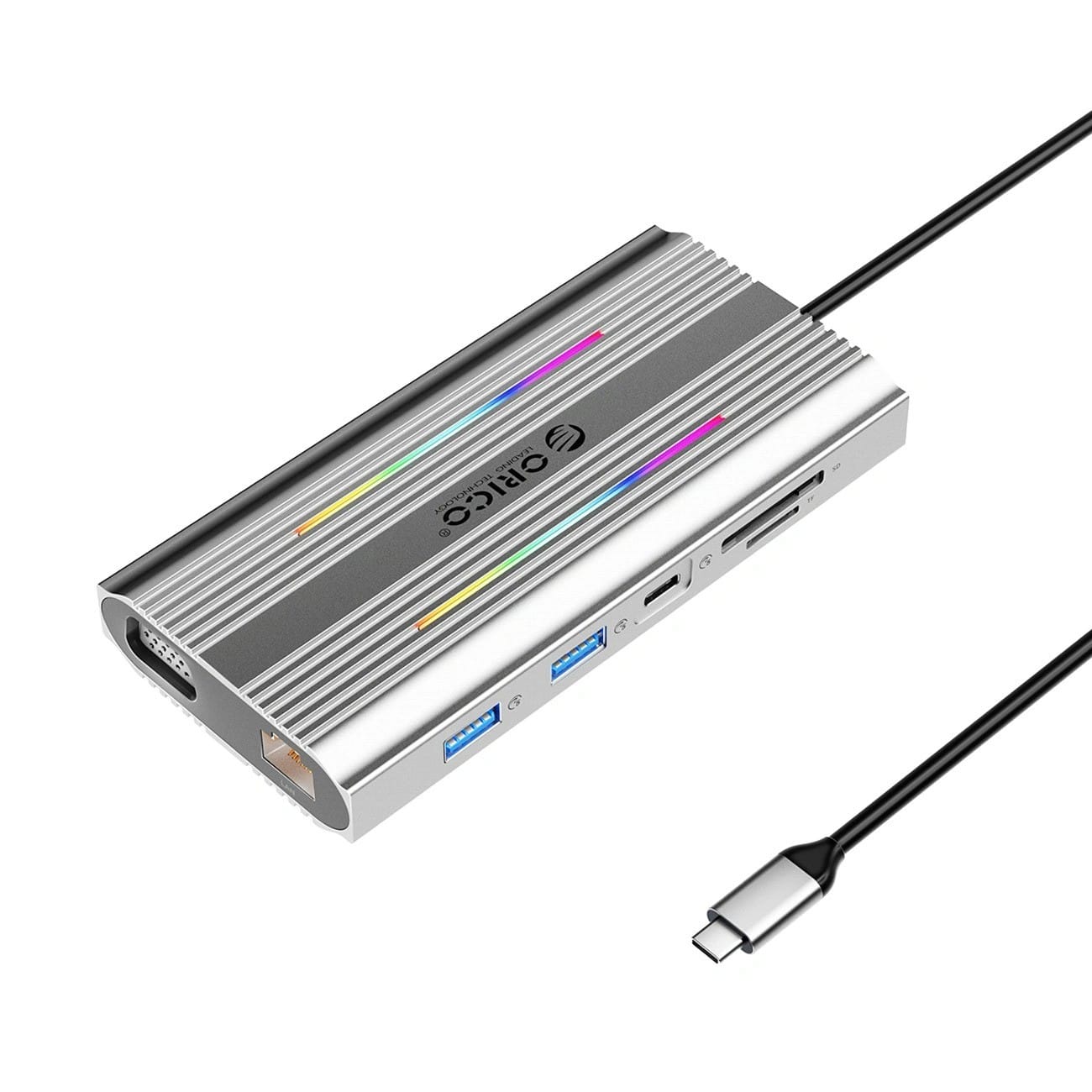Orico USB-C 12w1 RGB 2xUSB-A 1xUSB-C PD 100W 2x HDMI 4K 60Hz 1xVGA 1xRJ45 Gigabit - szara ORICO-XDR-X1-SV-BP