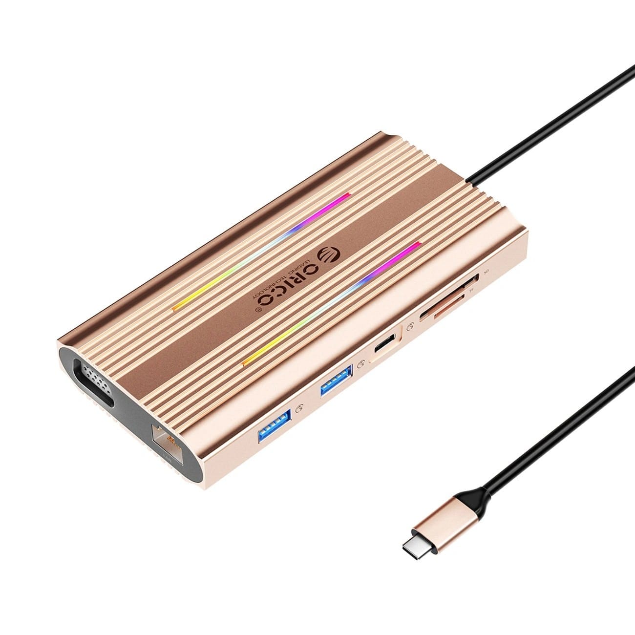 Orico USB-C 12w1 RGB 2xUSB-A 1xUSB-C PD 100W 2x HDMI 4K 60Hz 1xVGA 1xRJ45 Gigabit - różowo-złota ORICO-XDR-X1-RG-BP