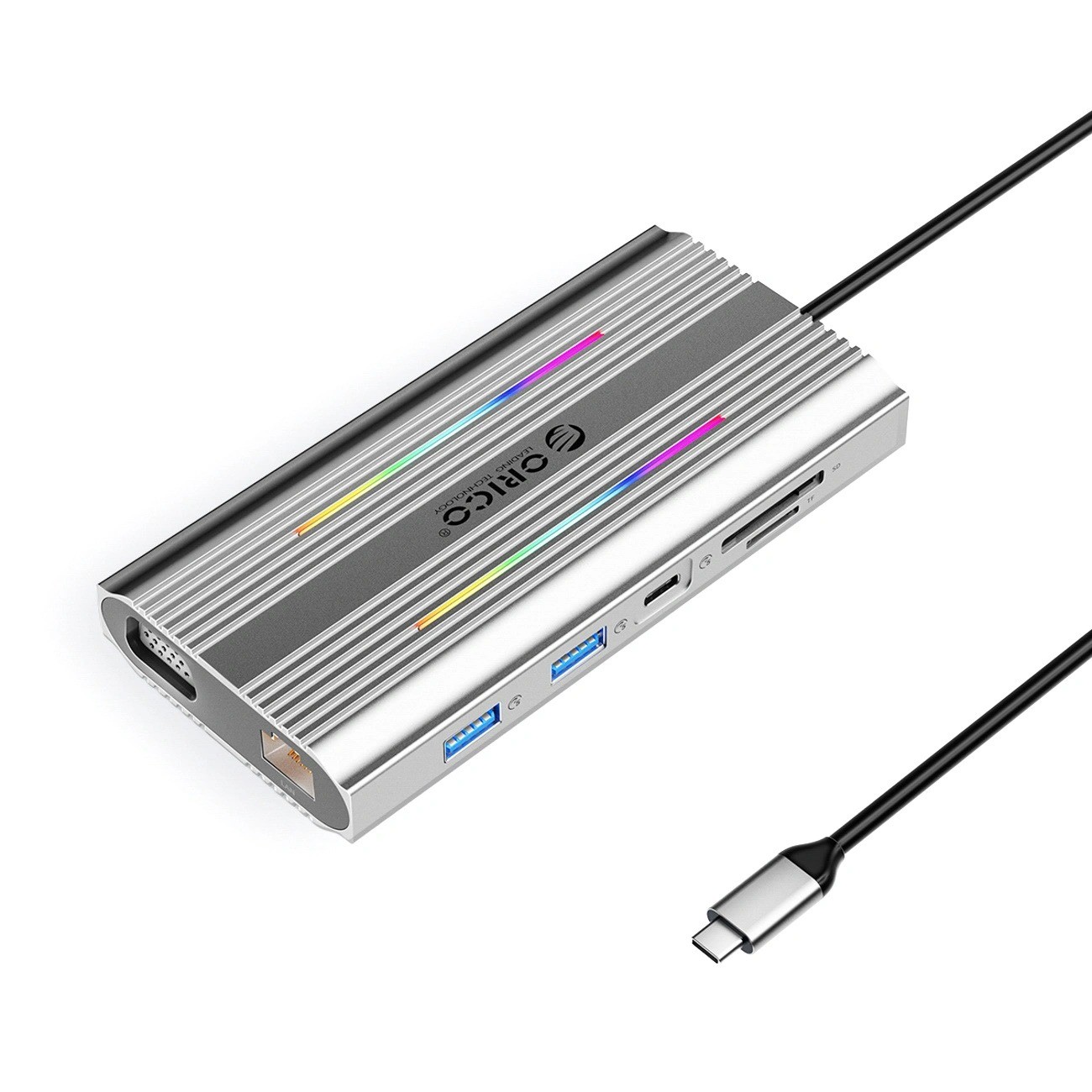 Orico USB-C 12w1 RGB 3x USB-A USB-C PD 100W HDMI 4K VGA RJ45 Gigabit - srebrna ORICO-XDR-X2-SV-BP