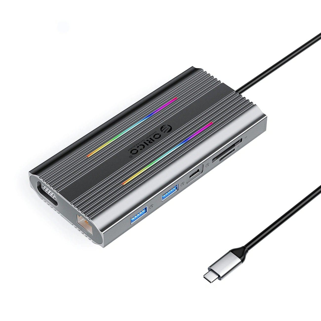Orico USB-C 12w1 RGB 3x USB-A USB-C PD 100W HDMI 4K VGA RJ45 Gigabit - szara ORICO-XDR-X2-GY-BP