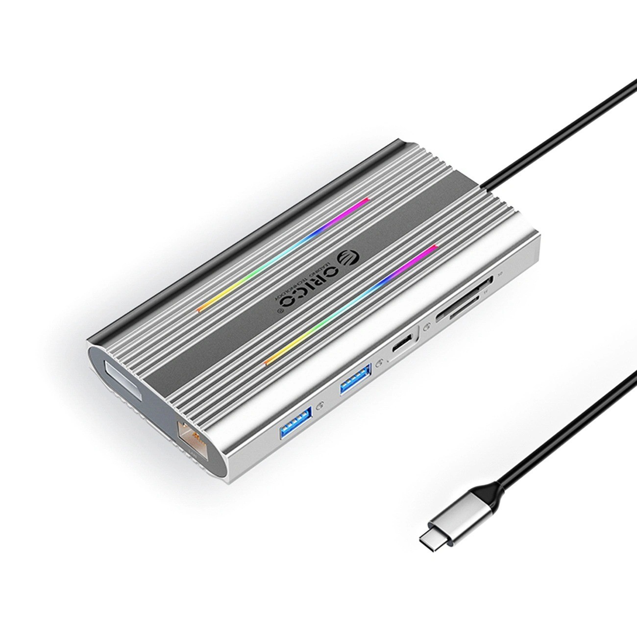 Orico USB-C 12w1 RGB USB-A USB-C PD 100W 2x HDMI 4K 60 Hz DisplayPort 4K 60 Hz RJ45 Gigabit - srebrna ORICO-XDR-X3-SV-BP