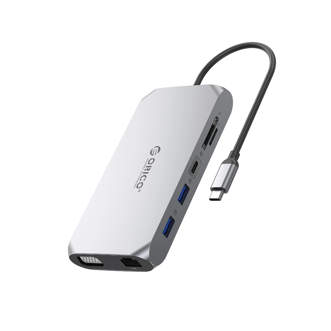 Orico USB-C 12w1 USB-A 3.1 USB-A 2.0 USB-C PD 100W 1x USB-C 3.1 2x HDMI 2.0 4K 60 Hz 1x VGA 1080p 1x microSD/SD 3.0 1x RJ45 Gigabit 1x audio - szara ORICO-XCR-X11-GY-BP
