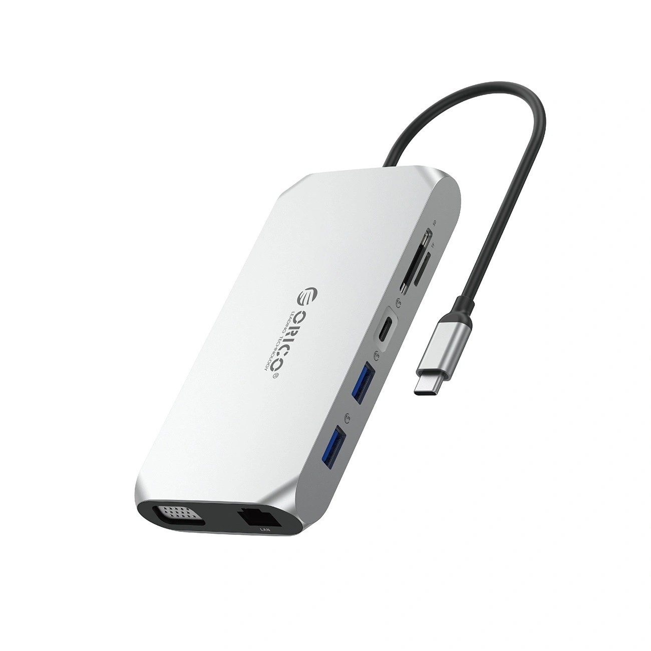 Orico USB-C 12w1 3x USB-A 3.1 1x USB-A 2.0 USB-C PD 100W 1x USB-C 3.1 1x HDMI 1.4 4K 30 Hz 1x VGA 1x microSD/SD 3.0 1x RJ45 Gigabit 1x audio - srebrna ORICO-XCR-X22-SV-BP