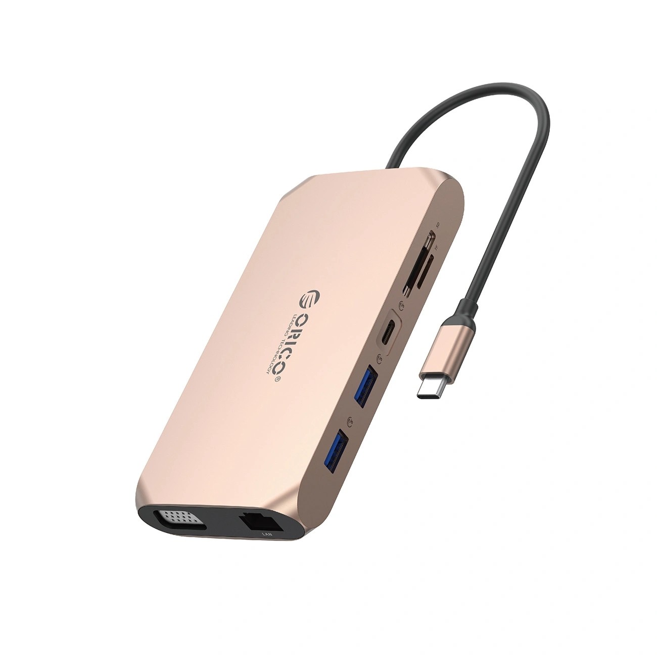 Orico USB-C 12w1 3x USB-A 3.1 1x USB-A 2.0 USB-C PD 100W 1x USB-C 3.1 1x HDMI 1.4 4K 30 Hz 1x VGA 1x microSD/SD 3.0 1x RJ45 Gigabit 1x audio - różowo-złota ORICO-XCR-X22-RG-BP