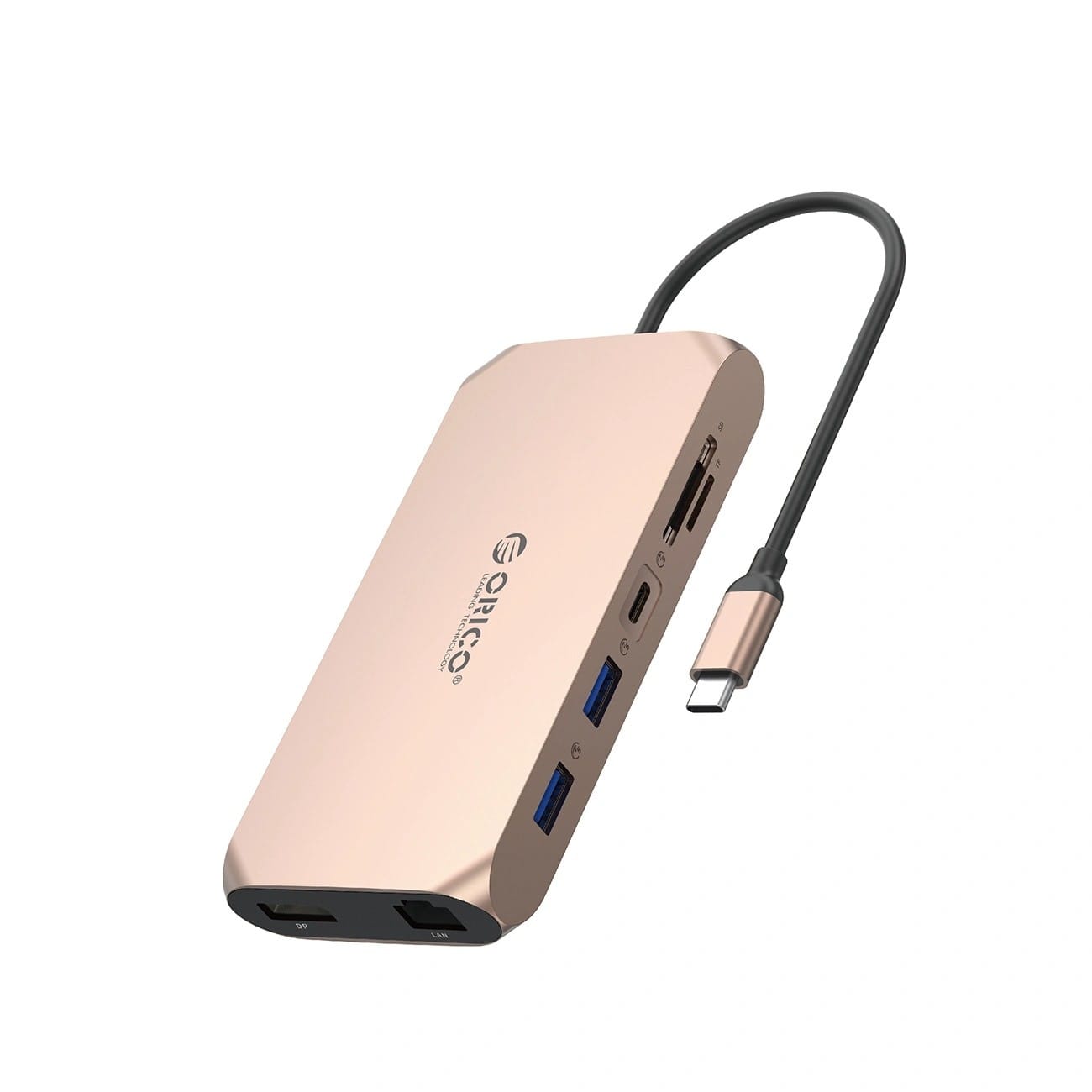 Orico USB-C 12w1 USB-A 3.1 USB-A 2.0 USB-C PD 100W 1x USB-C 3.1 2x HDMI 2.0 4K 60 Hz 1x DP 1.4 4K 60 Hz microSD/SD 3.0 RJ45 Gigabit 1x audio - różowo-złota ORICO-XCR-X33-RG-BP