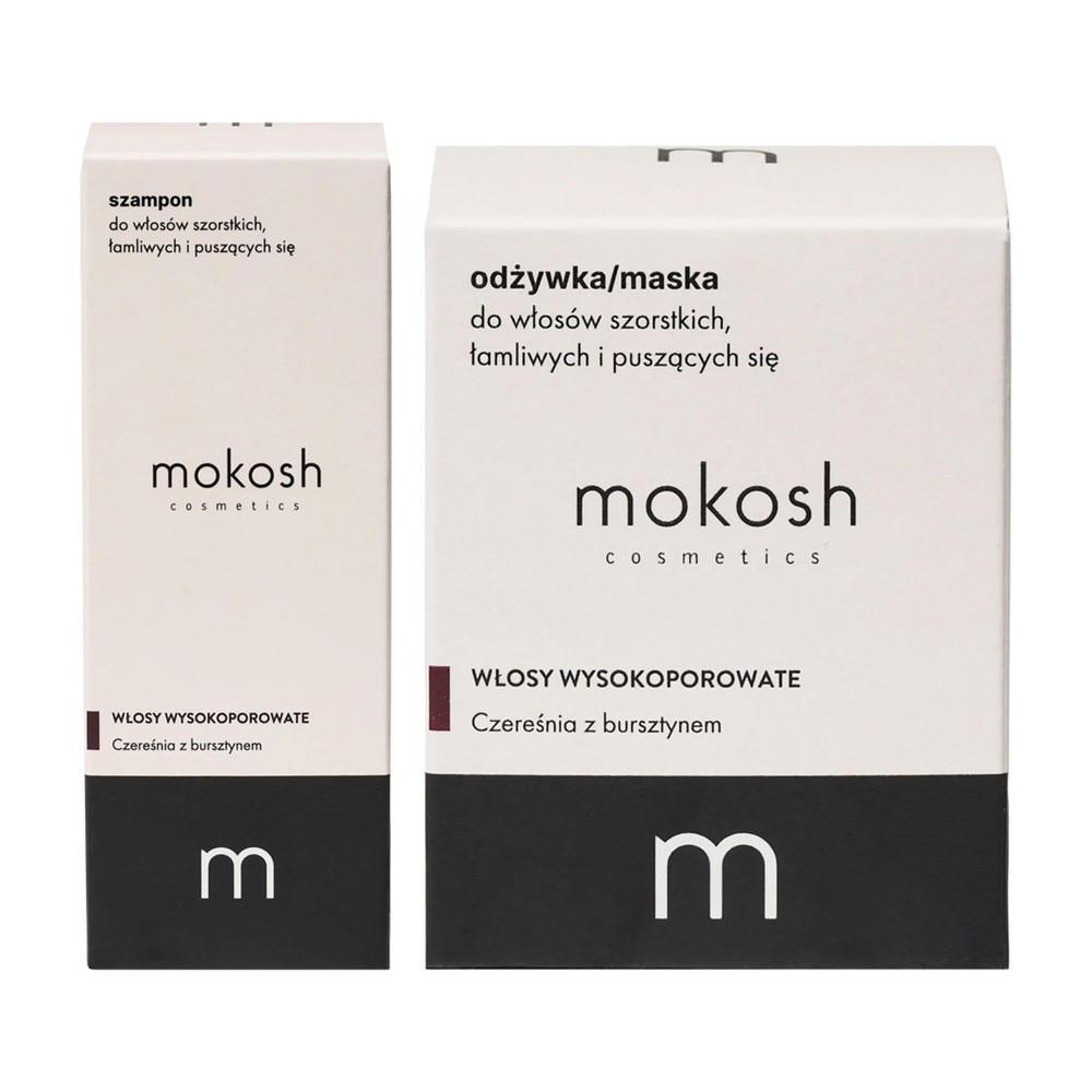 Zestaw Mokosh Czereśnia Z Bursztynem do włosów szorstkich, łamliwych, puszących się, szampon, 200 ml + odżywka/maska, 180 ml