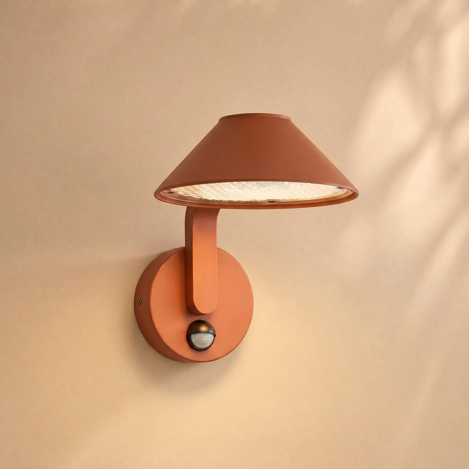 Kinkiet zewnętrzny LED Lindby Capelo, kolor terakoty, Ø 20 cm, czujnik Capelo, terracotta, aluminium, nowoczesny