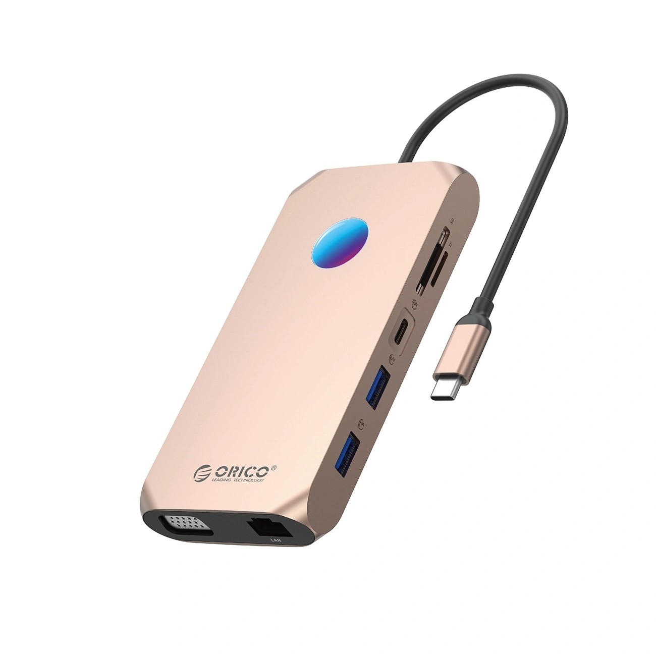 Orico USB-C 12w1 RGB 3x USB-A 3.1 1x USB-A 2.0 USB-C PD 100W 1x USB-C 3.1 1x HDMI 1.4 4K 30Hz 1x VGA 1x microSD/SD 3.0 1x RJ Gigabit| 1x Audio - różowo-złota ORICO-XCR-X2-RG-BP