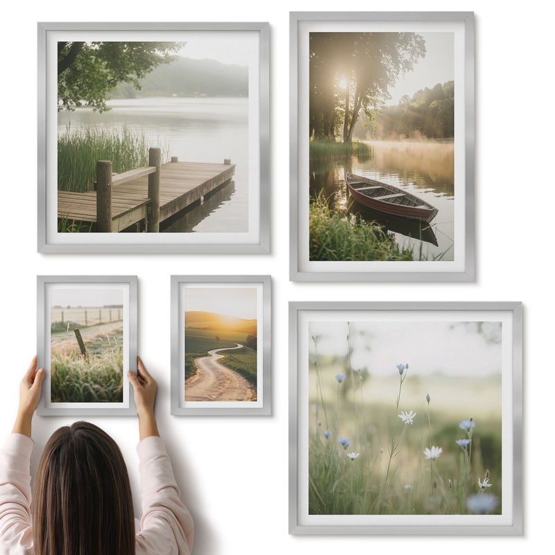Galeria ścienna 5-częściowy komplet obrazów w srebrnych ramach - Spokojne krajobrazy natury z wodą i zielenią - ArtPrintCave