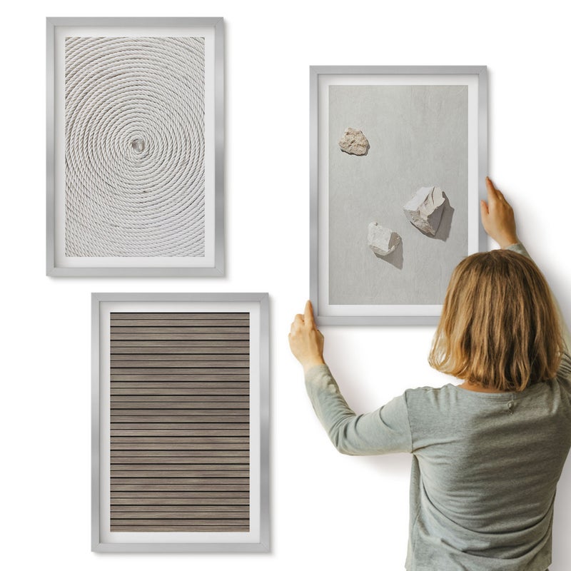 Galeria ścienna 3-częściowy komplet obrazów w srebrnych ramach - Naturalne tekstury drewno kamienie sznur - ArtPrintCave