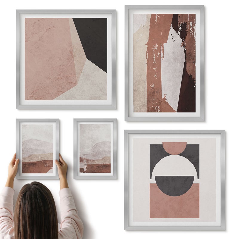 Galeria ścienna 5-częściowy komplet obrazów w srebrnych ramach - Abstrakcyjne kompozycje w odcieniach ziemi i formach geometrycznych - ArtPrintCave