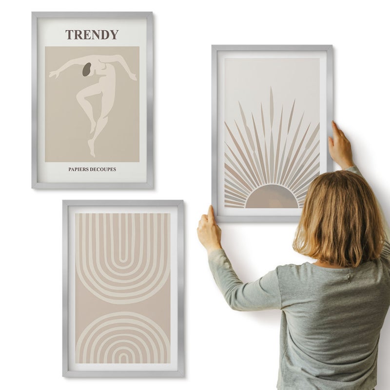 Galeria ścienna 3-częściowy komplet obrazów w srebrnych ramach - Pastelowe postery modne abstrakcje boho - ArtPrintCave