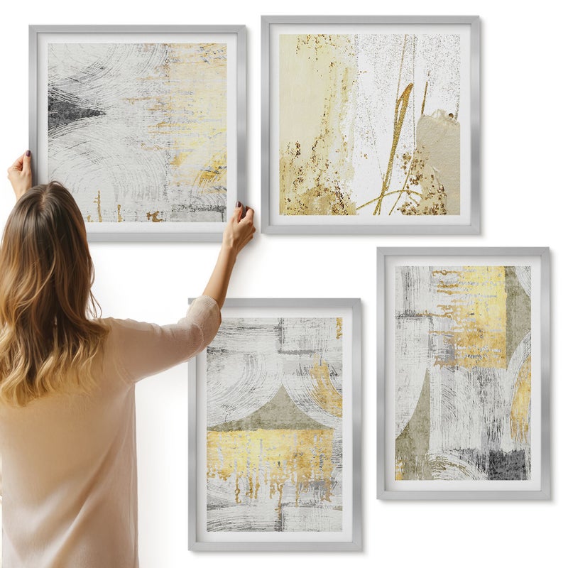 Galeria ścienna 4-częściowy komplet obrazów w srebrnych ramach - Abstrakcyjne minimalistyczne modne wzory malarskie - ArtPrintCave