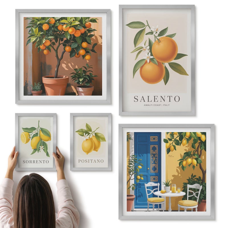 Galeria ścienna 5-częściowy komplet obrazów w srebrnych ramach - Owocowe inspiracje z Włoch styl prowansalski i rustykalny - ArtPrintCave