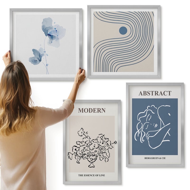 Galeria ścienna 4-częściowy komplet obrazów w srebrnych ramach - Kwiaty linie i abstrakcyjne kształty postery - ArtPrintCave
