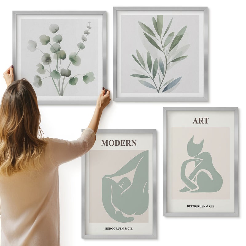 Galeria ścienna 4-częściowy komplet obrazów w srebrnych ramach - Roślinne motywy w delikatnych odcieniach zieleni - ArtPrintCave