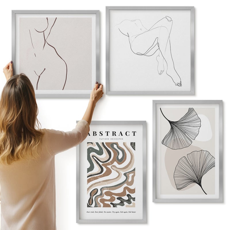 Galeria ścienna 4-częściowy komplet obrazów w srebrnych ramach - Abstrakcyjny poster kobiece kształty liście styl boho - ArtPrintCave