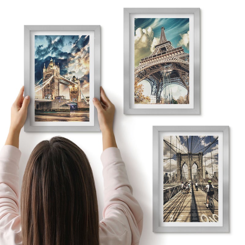 Galeria ścienna 3-częściowy komplet obrazów w srebrnych ramach - Mosty i wieże w europejskich miastach - ArtPrintCave