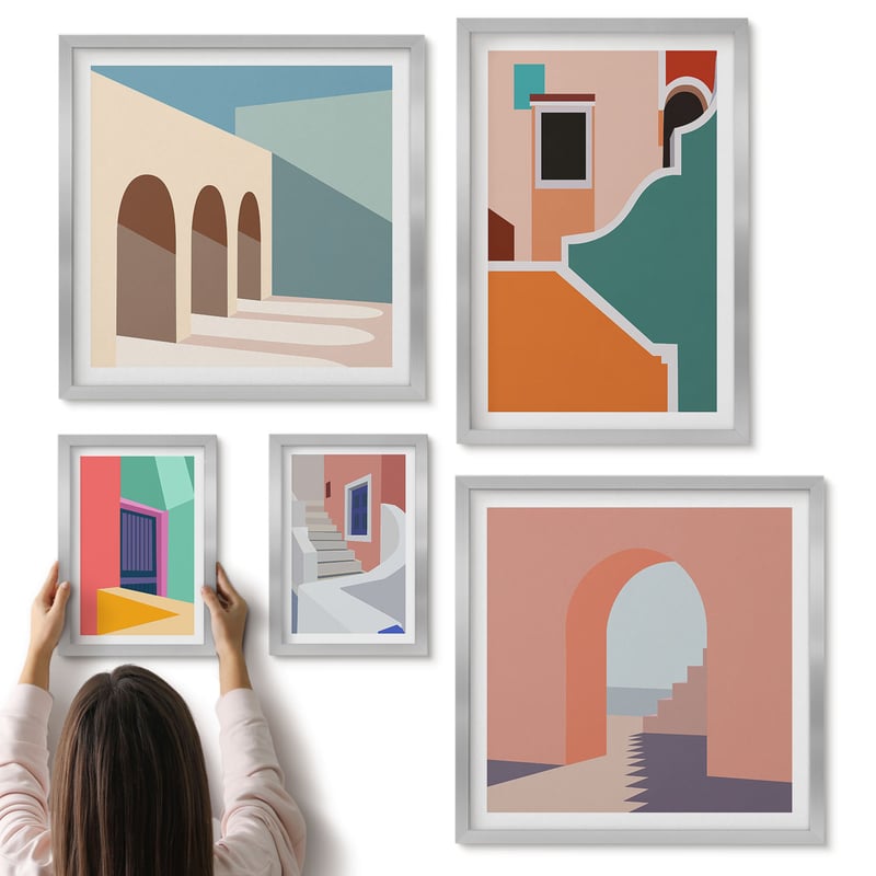 Galeria ścienna 5-częściowy komplet obrazów w srebrnych ramach - Kolorowe ilustracje budynków w stylu nowoczesnym - ArtPrintCave