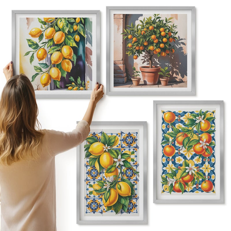 Galeria ścienna 4-częściowy komplet obrazów w srebrnych ramach - Cytrusy i kolorowe abstrakcyjne wzory postery - ArtPrintCave