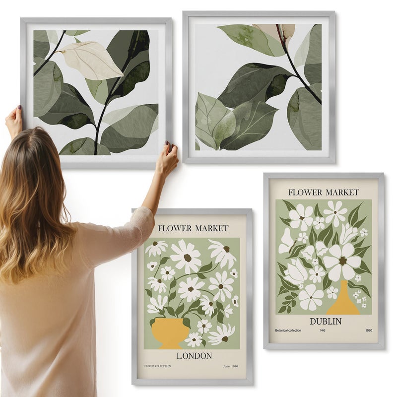 Galeria ścienna 4-częściowy komplet obrazów w srebrnych ramach - Kwiatowe wzory Londyn i Dublin delikatne liście - ArtPrintCave