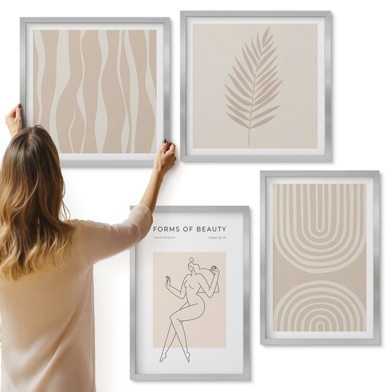 Galeria ścienna 4-częściowy komplet obrazów w srebrnych ramach - Abstrakcyjne wzory delikatne boho dekoracje - ArtPrintCave