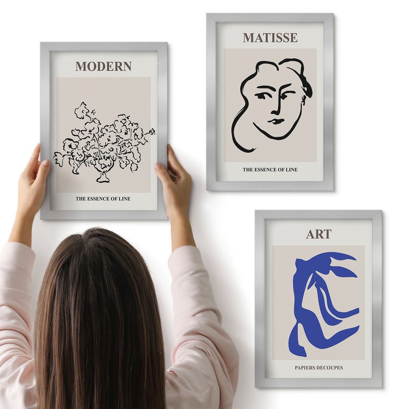 Galeria ścienna 3-częściowy komplet obrazów w srebrnych ramach - Abstrakcyjne postery w minimalistycznym stylu Henri Matisse - ArtPrintCave